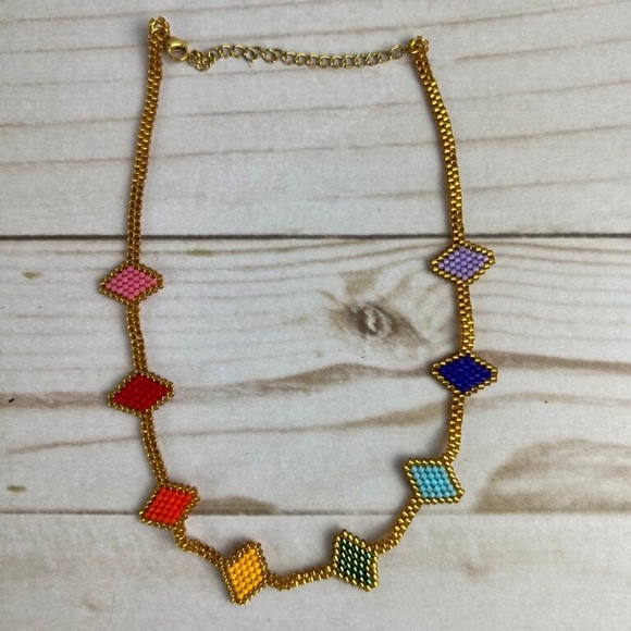 Colorful Beaded Geometric Choker - Trendy Gold Choker - Handmade Necklace - Picture 3 of 4